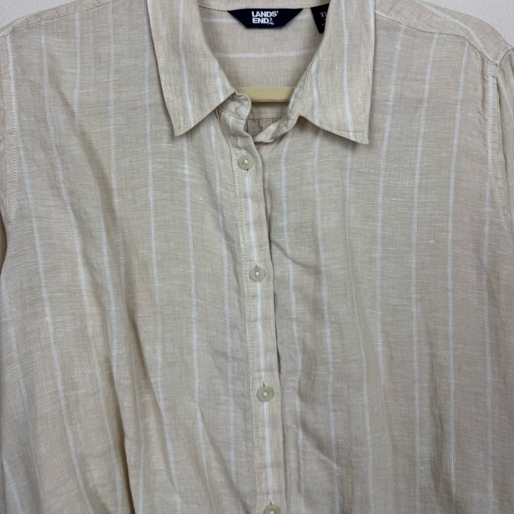 Lands End Womens beige striped long sleeve button down 100% Linen shirt XL - Picture 3 of 6
